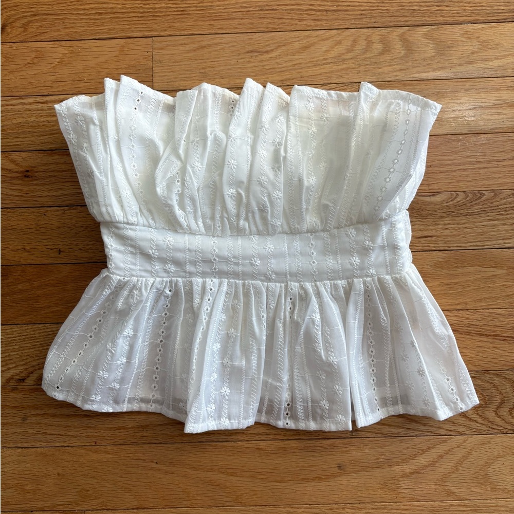 White Strapless Eyelet Peplum Top